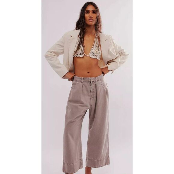 Free People Sweet Talk Chino Trousers Pants Mid-Rise Cropped Wide Leg M10 282784 - Picture 1 of 9